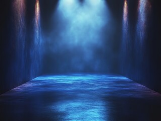 Blue Spotlight Stage Background, Foggy Ambient Lighting, Empty Performance Venue