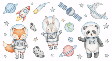 Fototapeta premium Cute Space Animals Clipart – Astronaut Fox, Bunny, Panda with Planets and Stars 