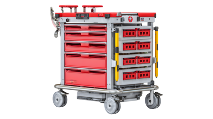 A medical cart with red drawers and compartments on wheels isolated against a black background