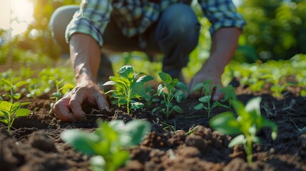 Naklejka premium Dedicated farmer carefully plants young seedlings in fertile soil under warm sunlight