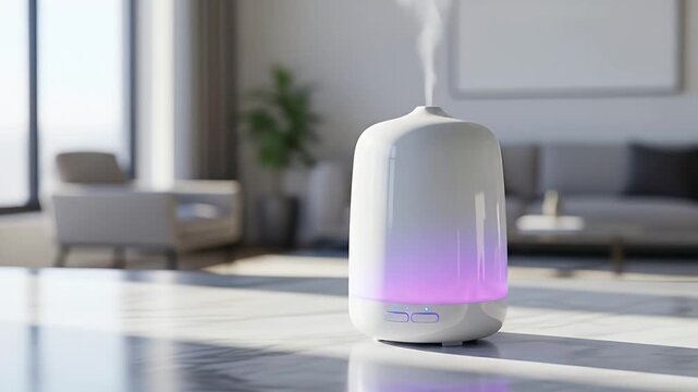 Modern white aroma diffuser with changing colored LED lights emitting steam on a marble table in a bright contemporary living room for relaxation