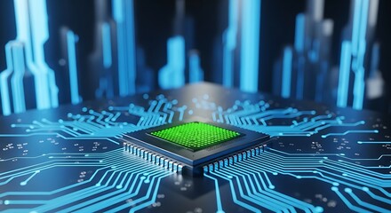 Futuristic digital processor chip glowing green on a dark circuit board with blue light trails, symbolizing advanced technology and data flow