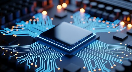 Detailed macro shot of a glowing blue circuit board with a central processor, symbolizing advanced technology, artificial intelligence, and digital innovation