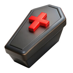 A dark gothic coffin with a red cross on top isolated on transparent background