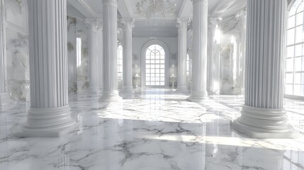A grand, white marble hall with ornate columns.