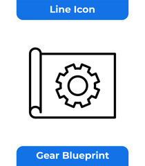 Gear Blueprint Outline Icon for Mechanical and Industrial Engineering with a Minimalist Line Art Style on a White Background as a Professional Vector Graphic