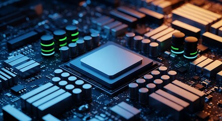 Central processing unit cpu on a computer motherboard with glowing components and blue lighting