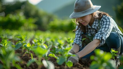 Dedicated farmer planting seedlings in lush green field under warm sunlight