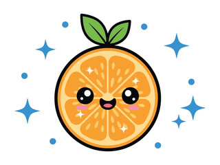 Joyful Citrus Burst: A charming illustration of a smiling orange slice with adorable eyes, radiating a burst of happiness and freshness with star-shaped sparkles.