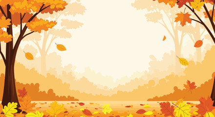 Autumn Landscape with Falling Leaves and Trees in Silhouette Style silhouette