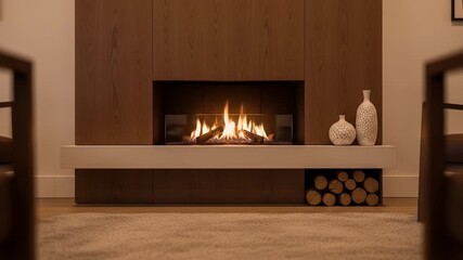 A modern living room with a cozy gas fireplace providing a warm and inviting atmosphere for a luxurious and comfortable home interior