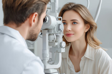 The woman checking the eye vision in ophthalmology clinic.