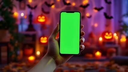 smartphone with green screen in cozy Halloween decorated room with glowing pumpkins and cute autumn decor