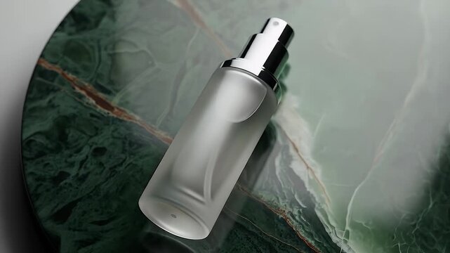 Luxurious cosmetic spray bottle with a frosted glass finish and silver cap slowly rotating on a polished green marble pedestal for beauty product presentation