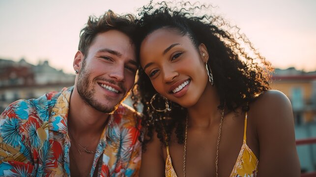A joyful young couple radiating happiness and connection embrace the golden hour glow on a summer rooftop with soft warm