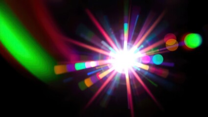 Obraz premium Blurred rainbow refraction overlay effect. Light lens prism effect on black background. Holographic reflection, crystal flare leak shadow overlay. Colorful rainbow disco ball light