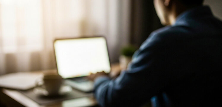 Person uses laptop at a tidy desk with a cup and scattered papers in a cozy room, working with focus while natural light streams through a nearby window.