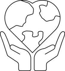 Heart-shaped Earth held by two hands in minimalist line vector style, symbolizing love, care, and protection for the planet, isolated on white background for environmental and charity themes