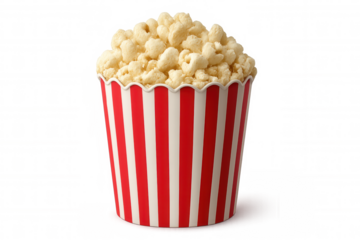 Popcorn overflowing from classic red and white striped bucket isolated on transparent background, ready for your next movie night