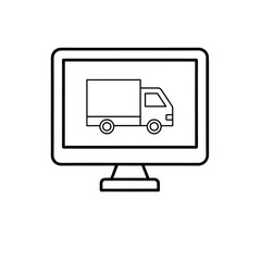 computer with shopping cart icon, outline vector of desktop screen with cart symbol for online shopping, e-commerce websites, and digital retail interfaces