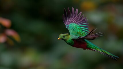 Obraz premium Flying Resplendent Quetzal Pharomachrus in lush rainforest, showcasing vibrant colors and graceful flight dynamics during daylight hours