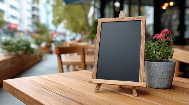Wooden table with a black chalkboard on it and a potted plant in front of it