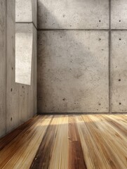 Naklejka premium Wooden floor with concrete walls