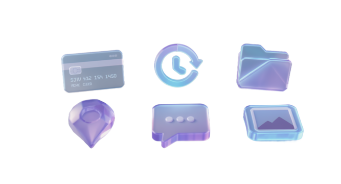 Glassmorphism UI Icons Credit Card, Time, Folder, Location, Chat, Image - Modern App Design Elements