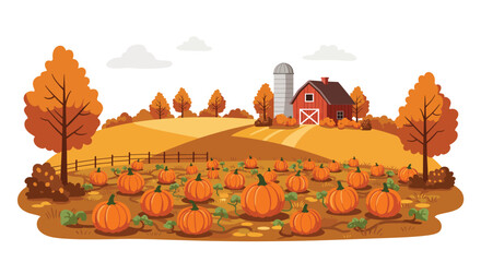 Autumn Pumpkin Patch Farm Landscape with Barn and Silo Illustration silhouette