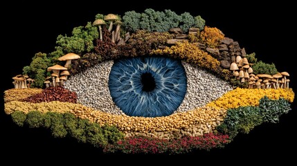 An intricately crafted human eye is depicted as a landscape, adorned with diverse flora and textured elements, evoking a sense of natural wonder and inner vision.