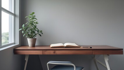 Serene Home Workspace with Green Plant and Notebook