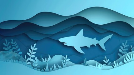 A stylized paper cutout of a shark swimming in blue ocean waves. The scene features layered waves and aquatic plants, creating a serene underwater atmosphere.