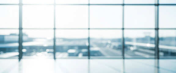 Blurred view through a large window with a grid pattern overlooking a cityscape, creating an atmospheric perspective of urban architecture and skyline.