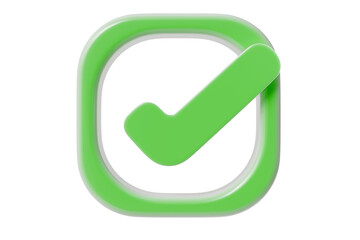 3d green check mark icon. glowing rounded square checkbox with tick symbol for approved, complete, success, confirm, or done status. minimal isolated 3d render...