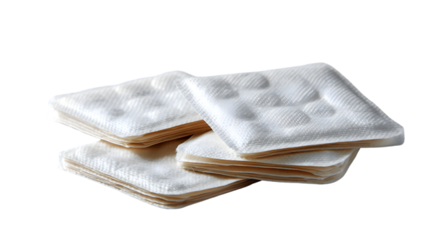 A close up view of a stack of white square crackers on a black background in a studio shot