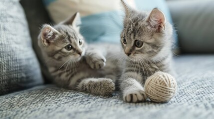 Two playful gray tabby kittens sit on a soft couch. One kitten is pawing at a small ball of yarn. The scene is cozy and inviting.