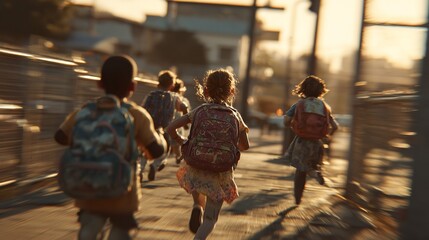 A group of children sprinting home from school in joyous exhilaration bathed in the warm late afternoon sunlight with