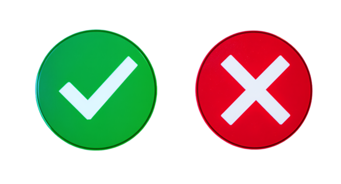 Green Check Mark and Red X Decision Making Symbols, Right or Wrong Choice Indicators