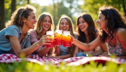Five young women of diverse backgrounds enjoying drinks together in a park. They are smiling and celebrating on a picnic blanket surrounded by greenery.