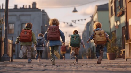 Back to School Joy A lively group of children with backpacks runs excitedly down a charming old city street lit by soft
