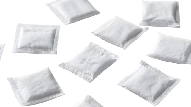 A scattered array of small white rectangular packets against a plain black background in a studio shot