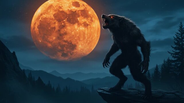 A fearsome werewolf stands atop a rocky ledge under a glowing full moon, howling defiantly in the night, surrounded by a dark, mysterious forest landscape.