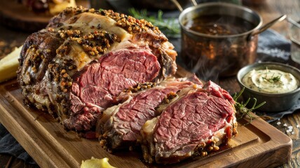 Slow roasted prime rib with herb-crusted exterior and medium-rare center on wooden cutting board with au jus and horseradish sauce