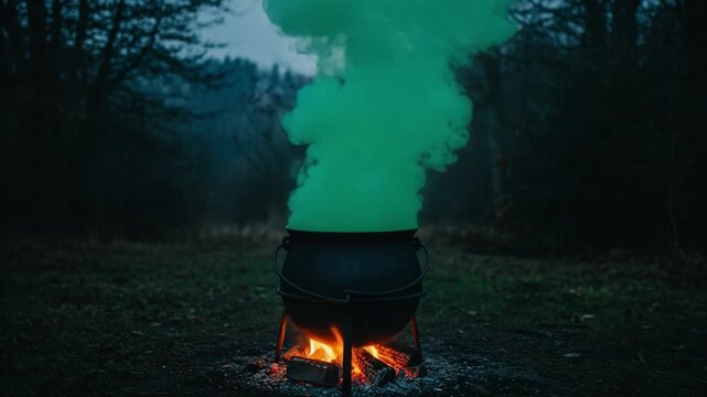 A Cauldron Brews Mysterious Green Smoke Amidst Nature, Capturing an Enigmatic Scene of Witchcraft and Mystical Elements in the Forest