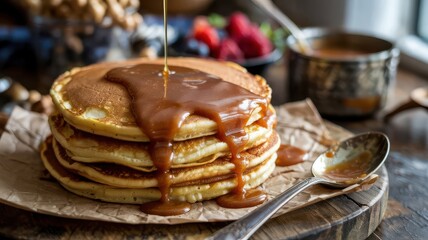 Golden caramel sauce pouring over stack of fluffy pancakes on wooden cutting board with vintage spoon and blurred berries background, natural lighting breakfast scene