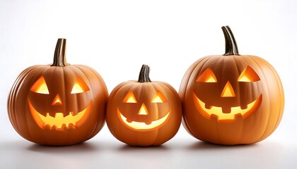 Three jack-o-lanterns on a white background for Halloween celebration. Generative AI.