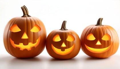 Fototapeta premium Three jack-o-lanterns on a white background for Halloween celebration. Generative AI.