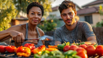 Neighborhood barbecue woman man preparing vegetables together backyard grill outdoor cooking golden hour residential setting community neighbors cooking