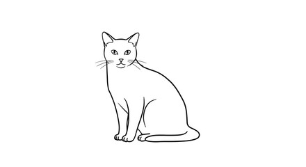 Minimalist line art illustration of a cat sitting, clean black outline on white background.