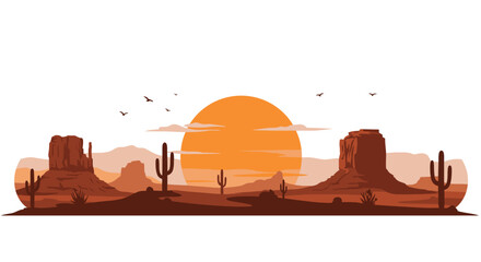 Desert Landscape with Cacti and Mountains at Sunset silhouette
